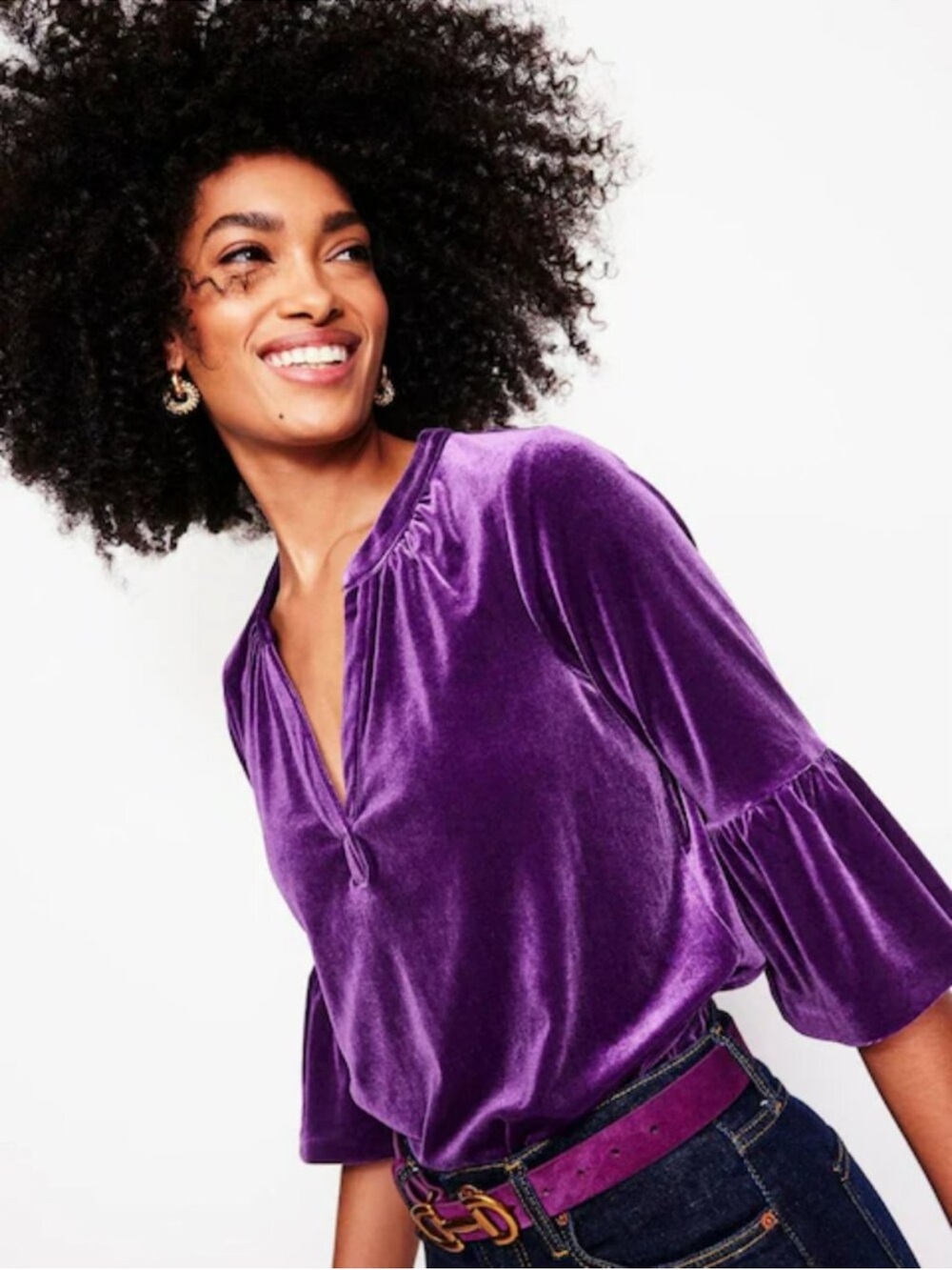 Boden Purple Velvet Top Shirt Flared Sleeve Notch Neck